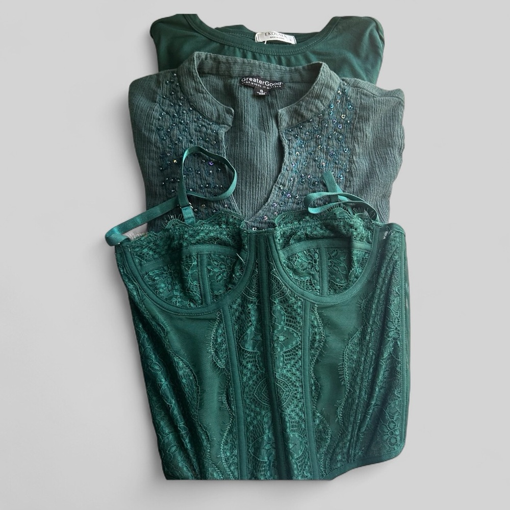 Green Goddess bundle set of 3 tops, corset, beaded and soft base layer XS Small